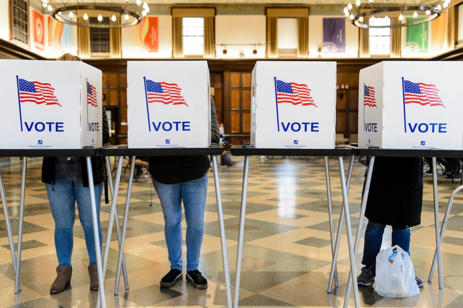 On April 3, 2018, students fill out ballots for the Wisconsin Spring Election in Tripp Commons inside the Memorial Union at the University of Wisconsin-Madison, one of several official polling places for UW-Madison students living on campus. (Photo by Bryce Richter / UW-Madison)