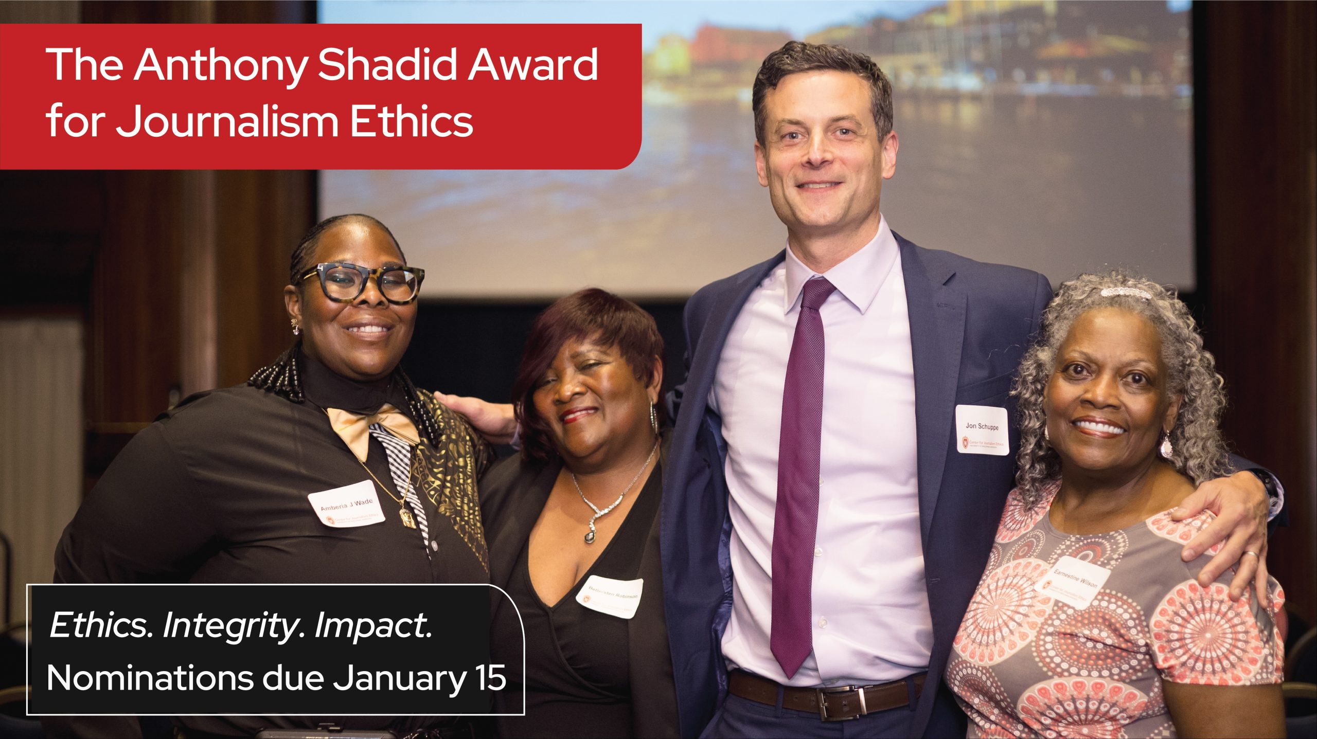 Photo of one man and three women standing arm in arm at the 2024 Shadid Award ceremony in Washington DC. Includes the text "nominations due January 15"