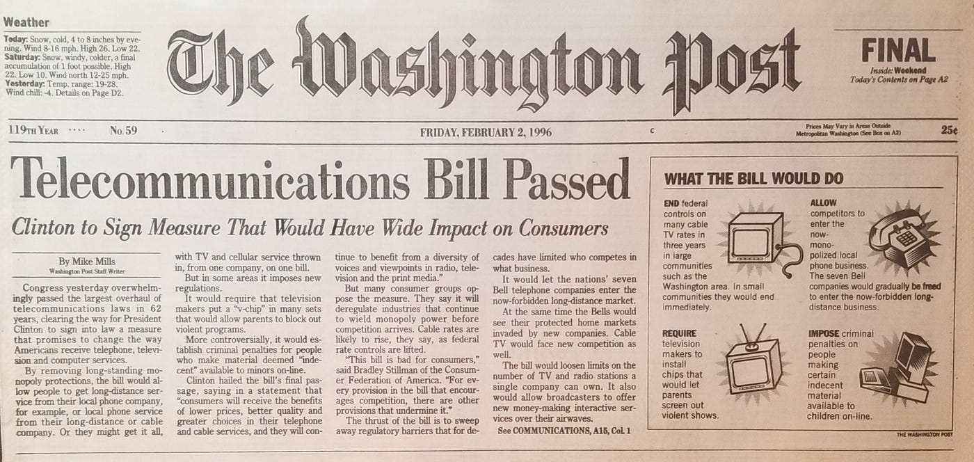 Above the fold image of The Washington Post as it was printed on February 2, 1996. Top headline reads: "Telecommunications Bill Passed."