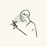 Simple vintage-looking illustration of a person in a profile looking with alarm at a phone in their hand.