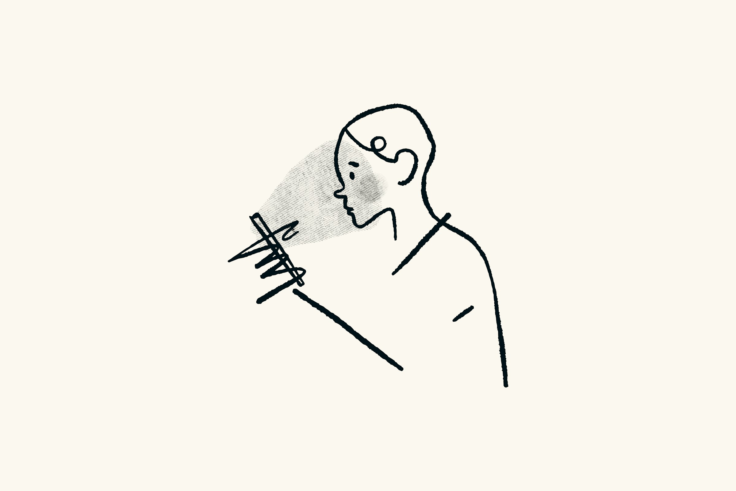Simple vintage-looking illustration of a person in a profile looking with alarm at a phone in their hand. 