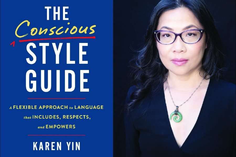 Photo of the book cover, "The Conscious Style Guide" and headshot for author Karen Yin