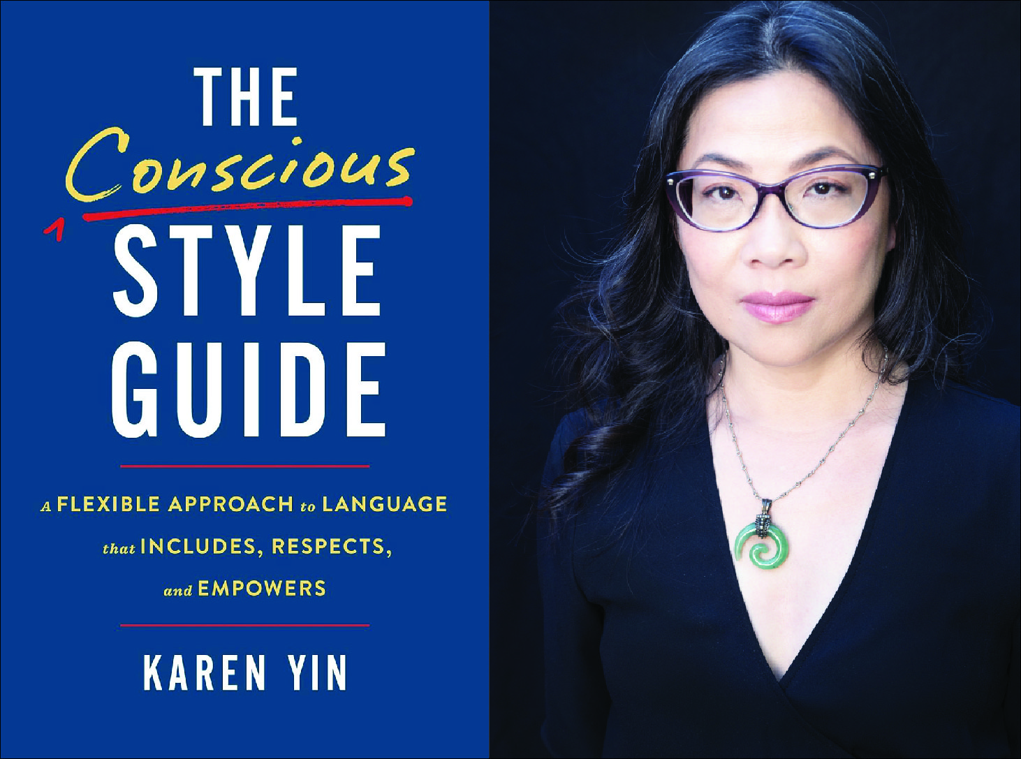 Photo of the book cover, "The Conscious Style Guide" and headshot for author Karen Yin
