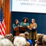 2025 Shadid Award winners Hannah Furfaro, Ivy Ceballo and Lauren Frohne speak at the award ceremony in Washington, DC, on April 9, 2025.