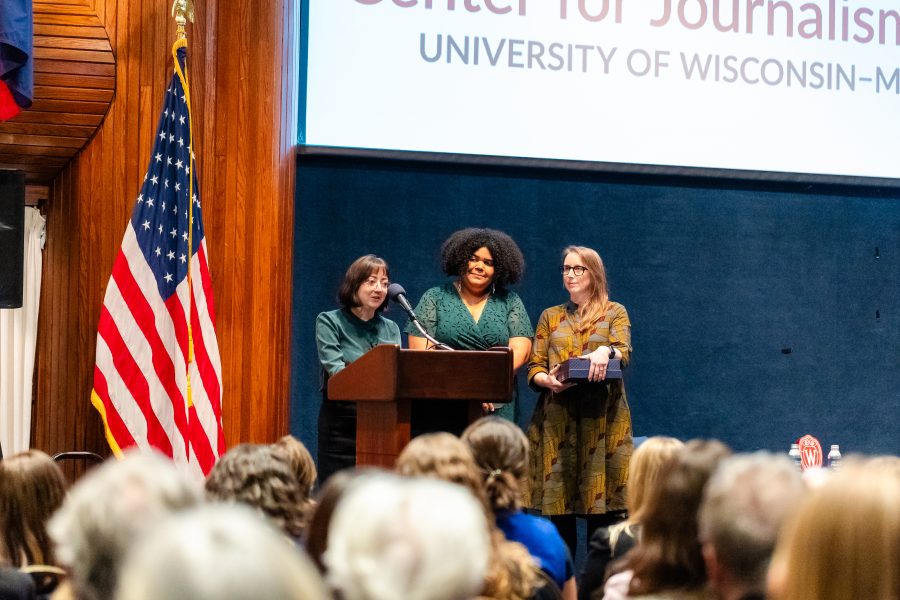 2025 Shadid Award winners Hannah Furfaro, Ivy Ceballo and Lauren Frohne speak at the award ceremony in Washington, DC, on April 9, 2025.