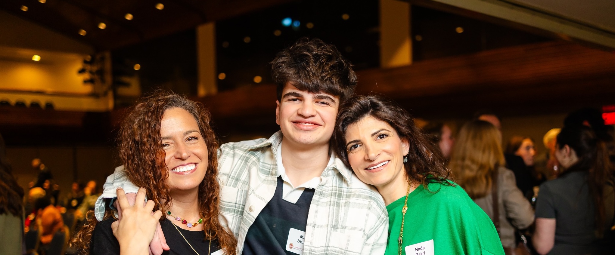 Rebecca Abou-Chedid, Malik Shadid (son of Anthony Shadid) and Nada Bakri (widow of Anthony Shadid) poseat the 2025 Shadid Award ceremony in Washington, DC on April 9, 2025.