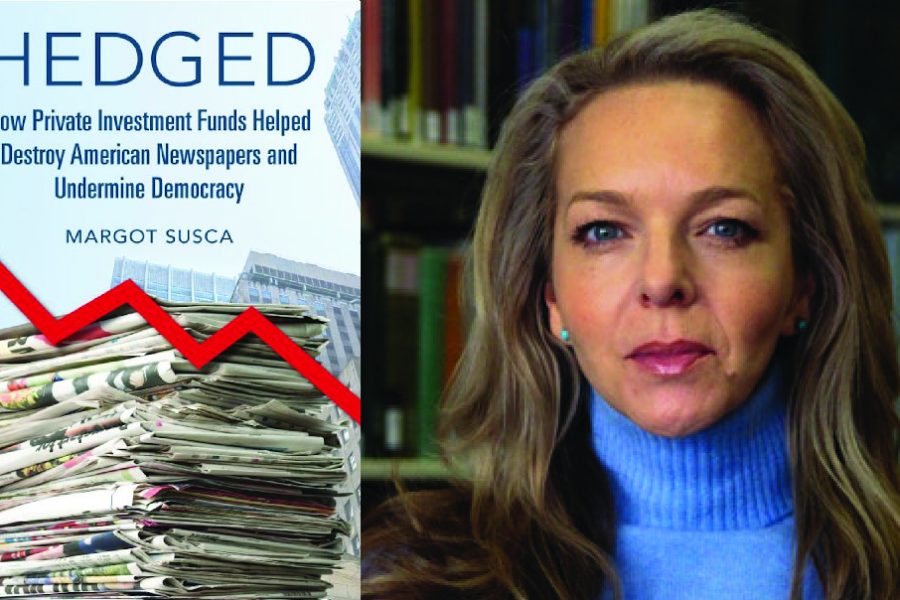 Cover of the book "Hedged" by Margot Susca and a headshot of the author