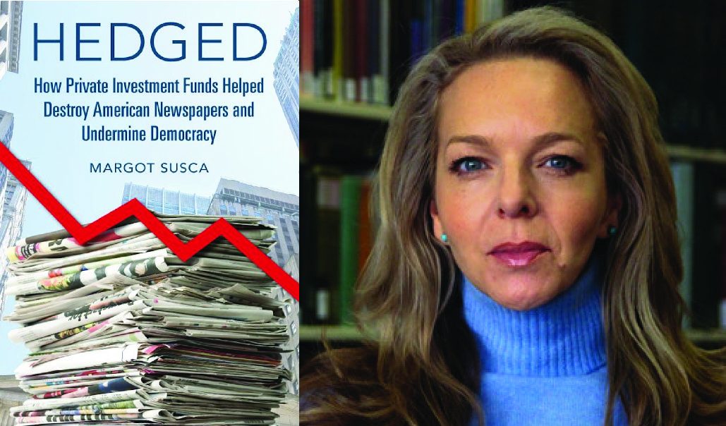 Cover of the book "Hedged" by Margot Susca and a headshot of the author