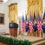 Presidential podium for a speech in the East Room of The White House in Washington D.C.