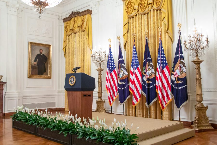 Presidential podium for a speech in the East Room of The White House in Washington D.C.