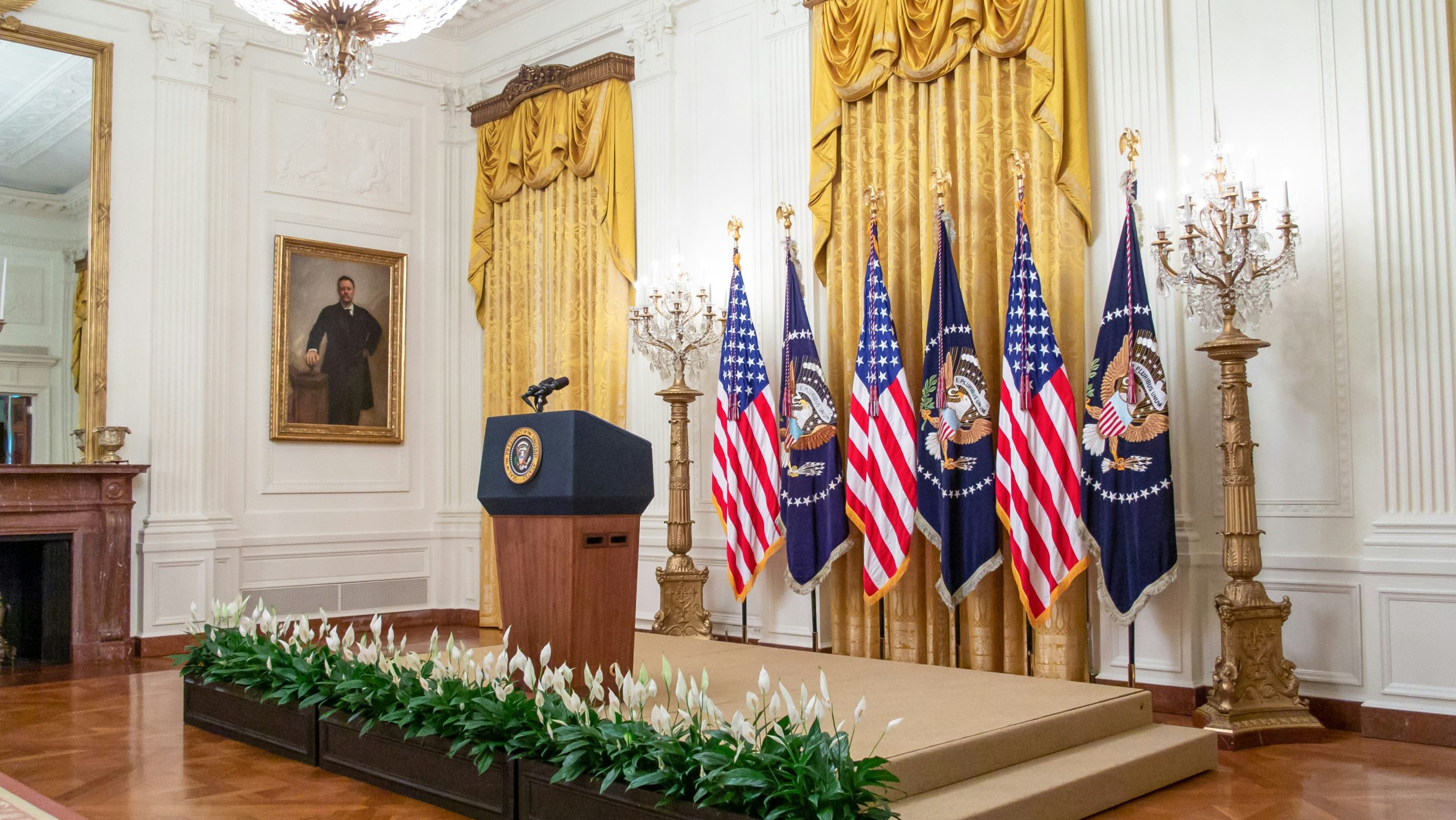 Presidential podium for a speech in the East Room of The White House in Washington D.C.