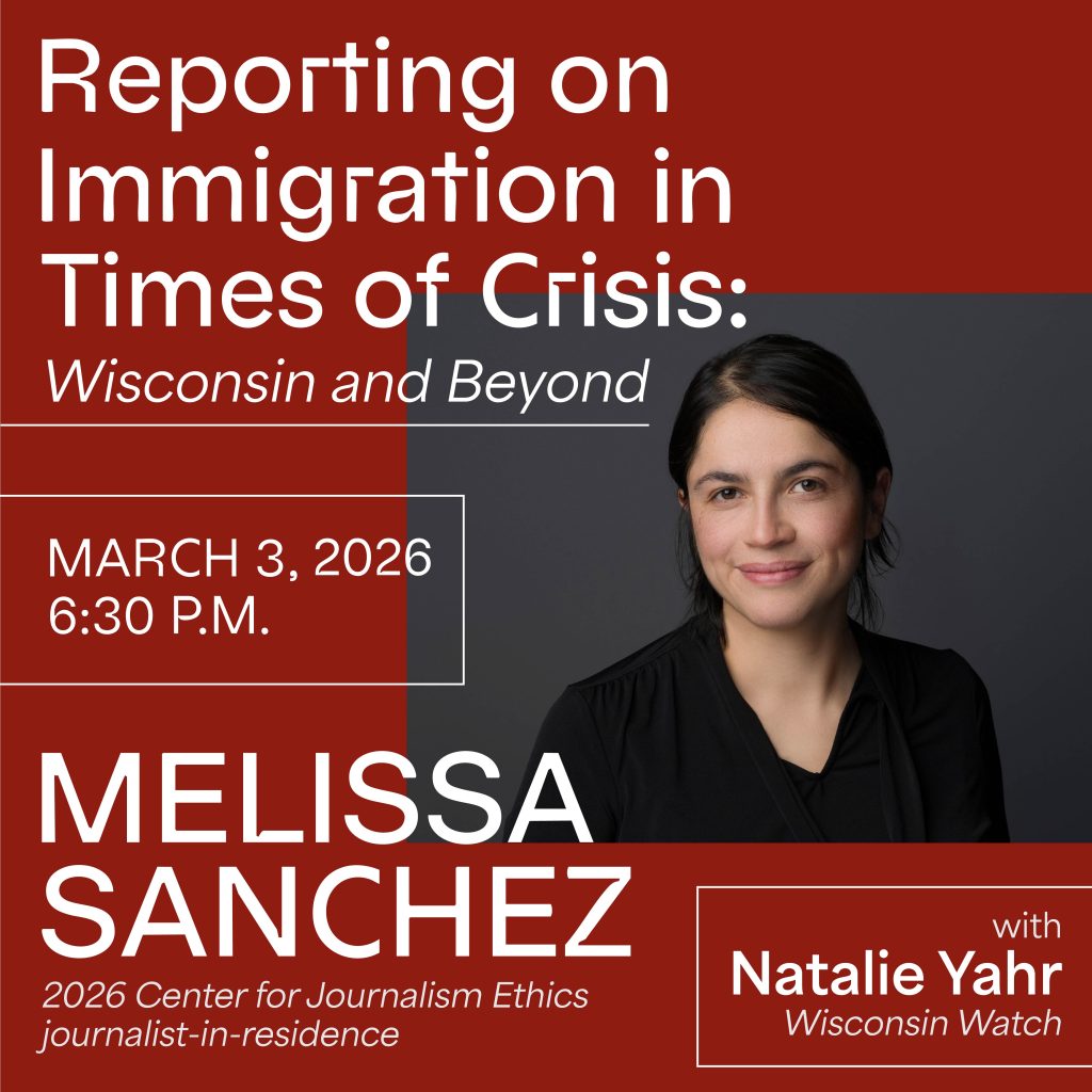 Graphic showing a headshot of Melissa Sanchez and details about the public event "Reporting on Immigration in Times of Crisis: Wisconsin and Beyond"