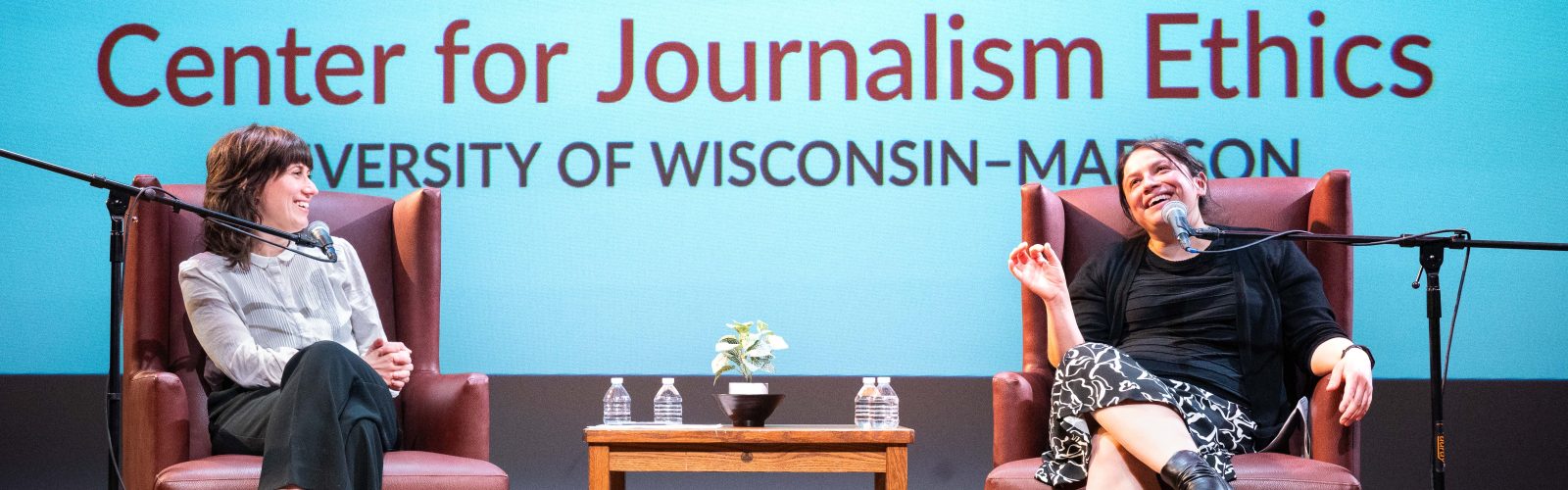 Board member Natalie Yahr interviews 2026 journalist in residence Melissa Sanchez at the March 3 public conversation "Immigration in Times of Crisis: Wisconsin and Beyond," at the Memorial Union at UW–Madison