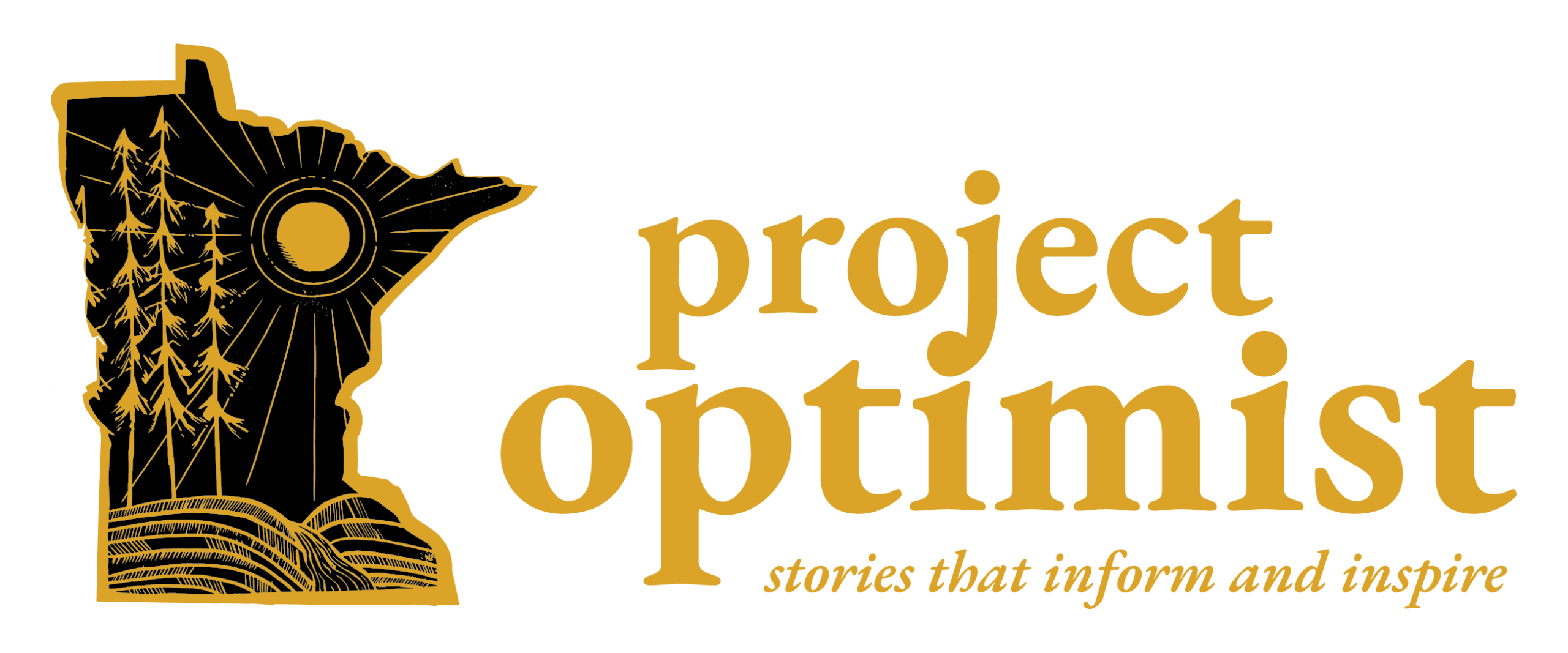Logo for "Project Optimist" showing an outline of Minnesota and the tagline "stories that inform and inspire"