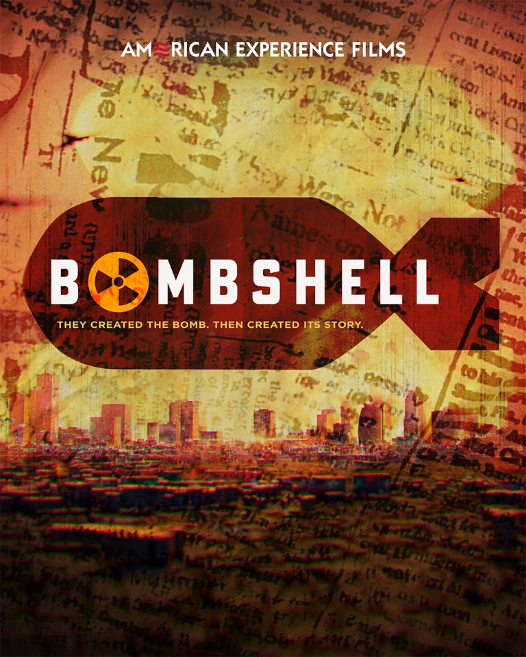 Art for the documentary "Bombshell" showing the outline of a bomb with a city under siege in the background