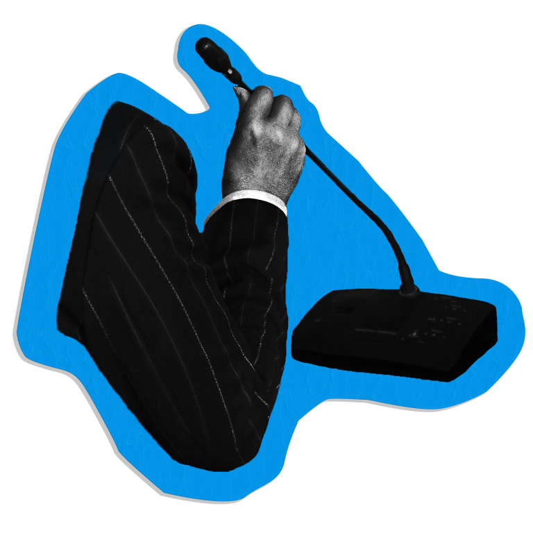 Stylized photo of an arm reaching for a podium mic