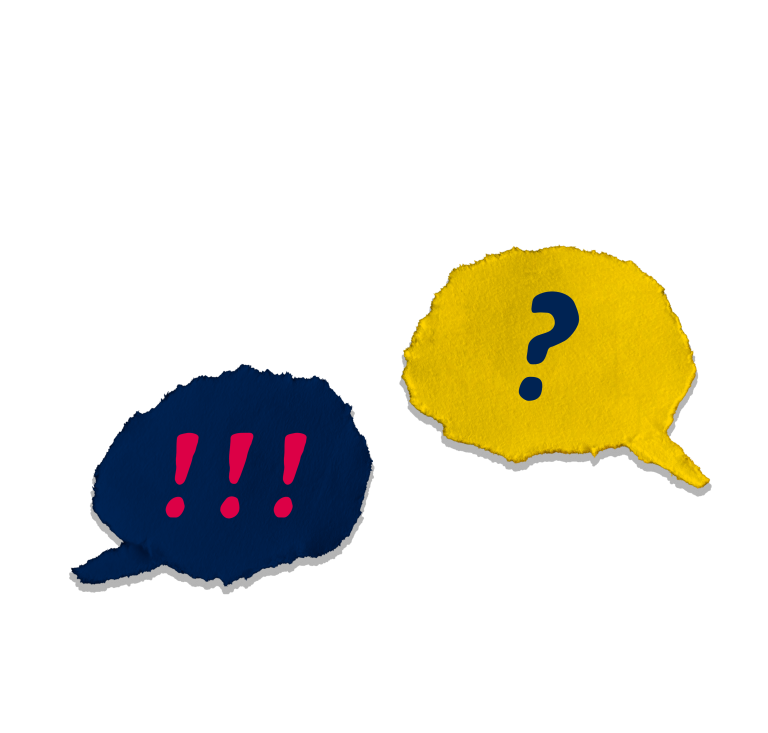 Two speech bubbles, one containing explanation points, the other a question mark