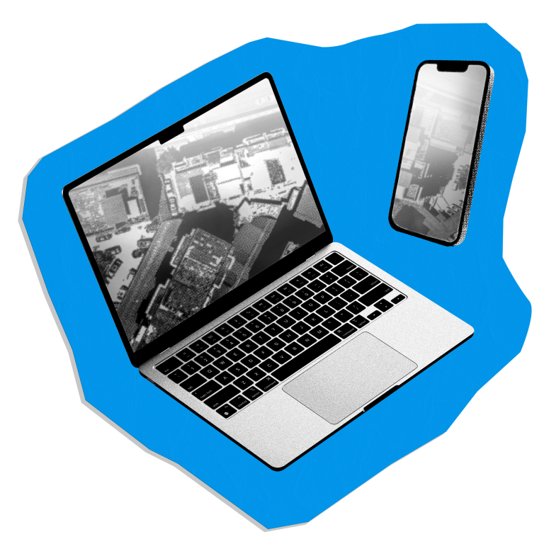 Image of a laptop computer and phone showing aerial imagery